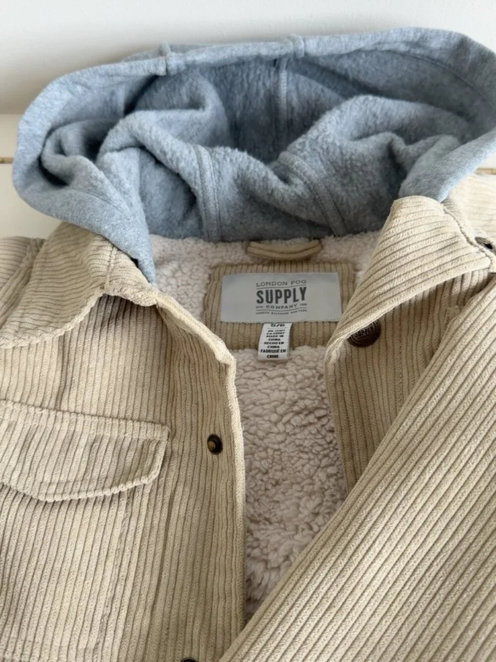 London Fog Supply Kids Sherpa Lined Corduroy Hooded Jacket Size 5/6 NWOT